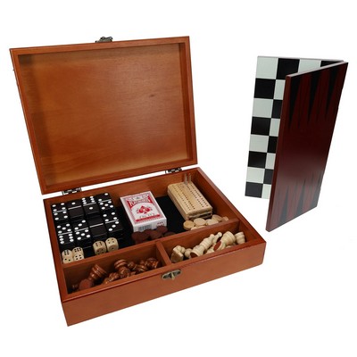 7-in-1 Game Set in Wood Box -Chess, Checkers, Backgammon, Cribbage, Dominoes Cards & Dice